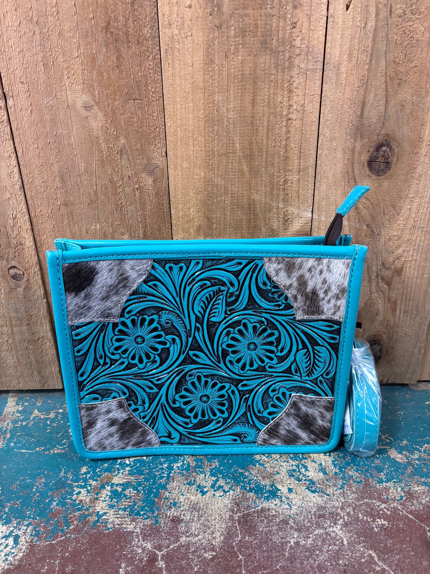 Turquoise Tooled Grey Cowhide Leather Purse