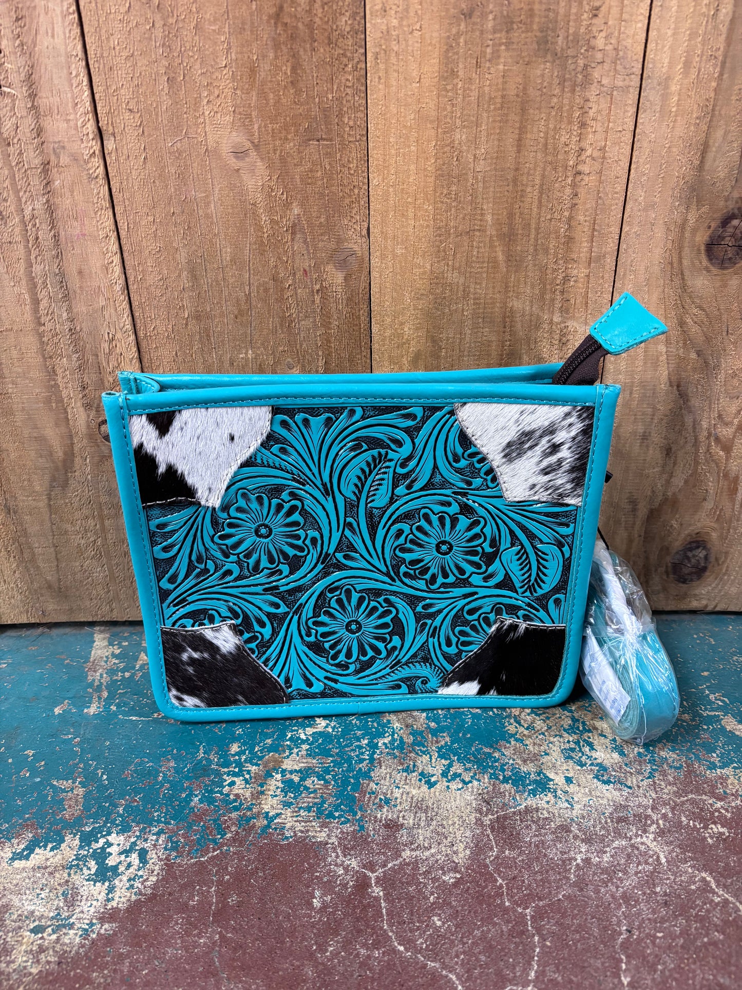 Turquoise Tooled Black And White Cowhide Leather Purse