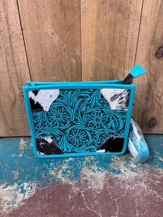 Turquoise Tooled Black And White Cowhide Leather Purse
