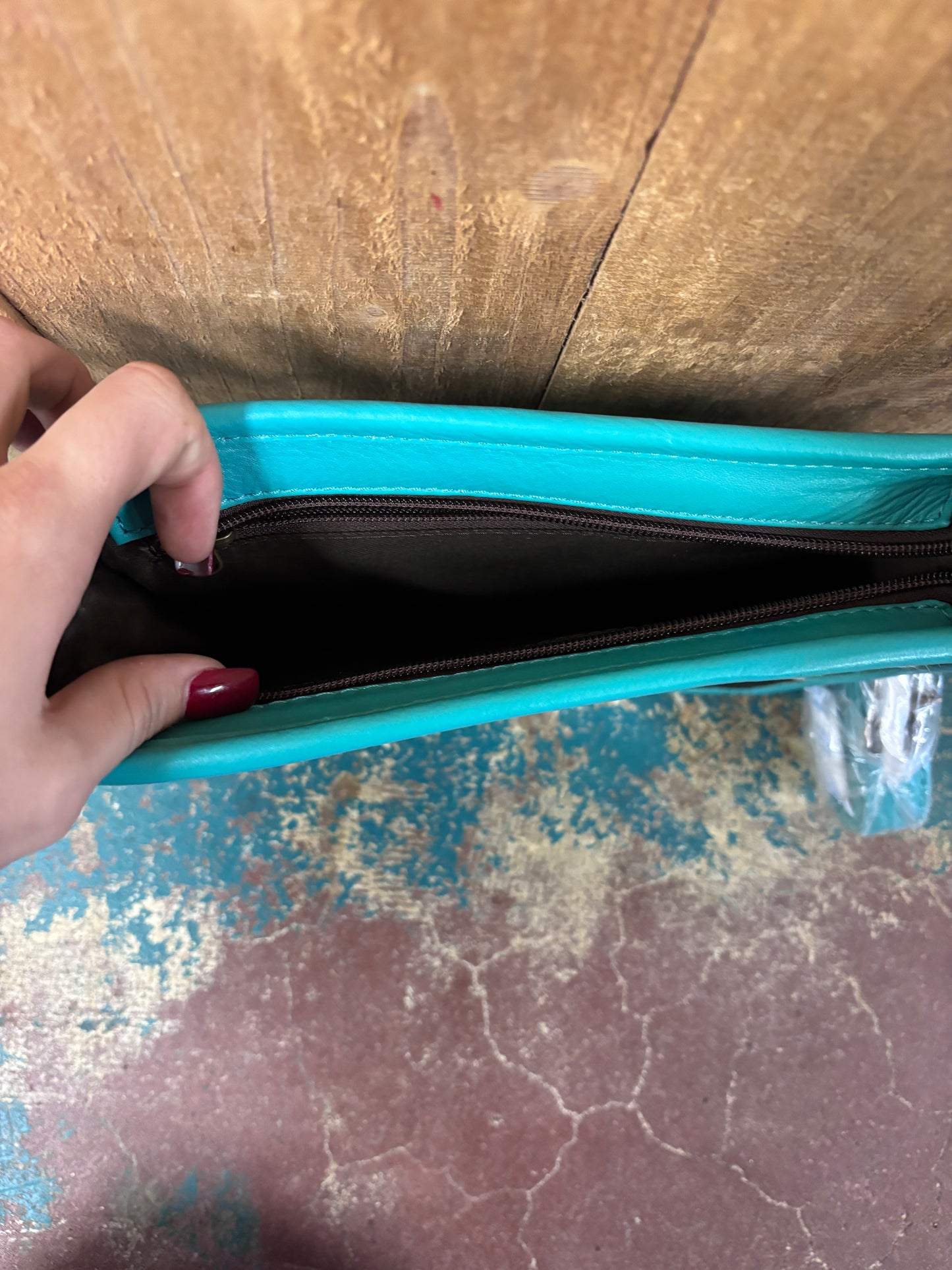 Turquoise Tooled Black And White Cowhide Leather Purse