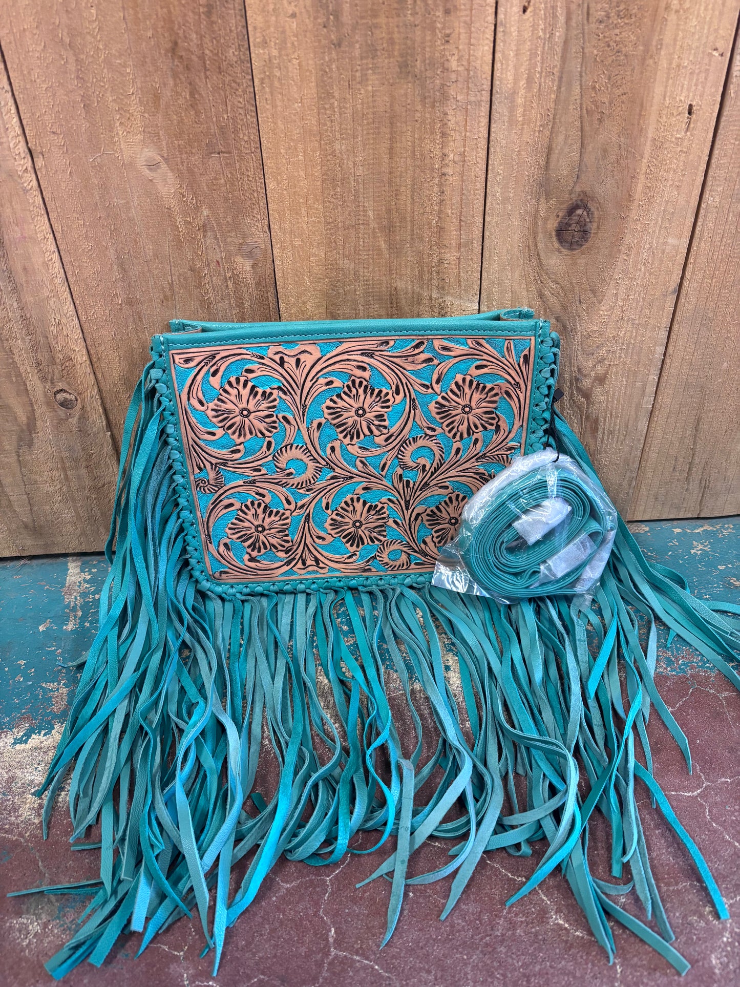 Tan Tooled Turquoise Fringe Leather Purse
