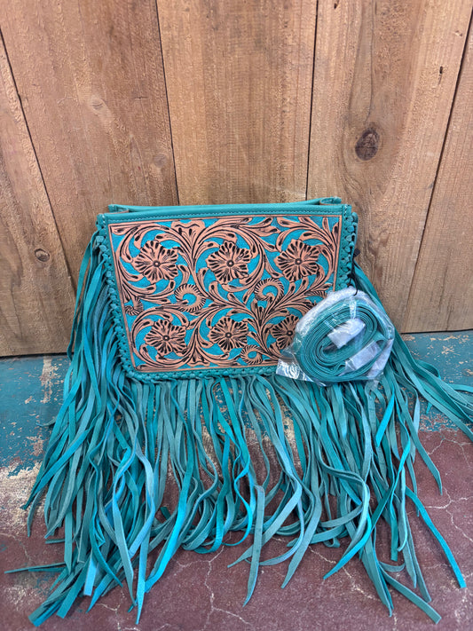 Tan Tooled Turquoise Fringe Leather Purse