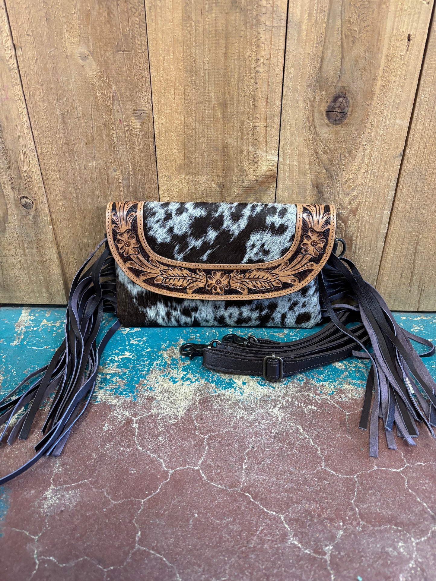 Brown and White Cowhide Tooled Fringed Leather Purse