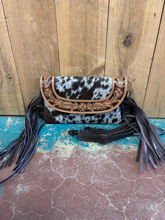 Brown and White Cowhide Tooled Fringed Leather Purse
