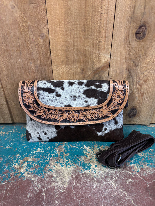 Brown and White Cowhide Tooled Leather Purse