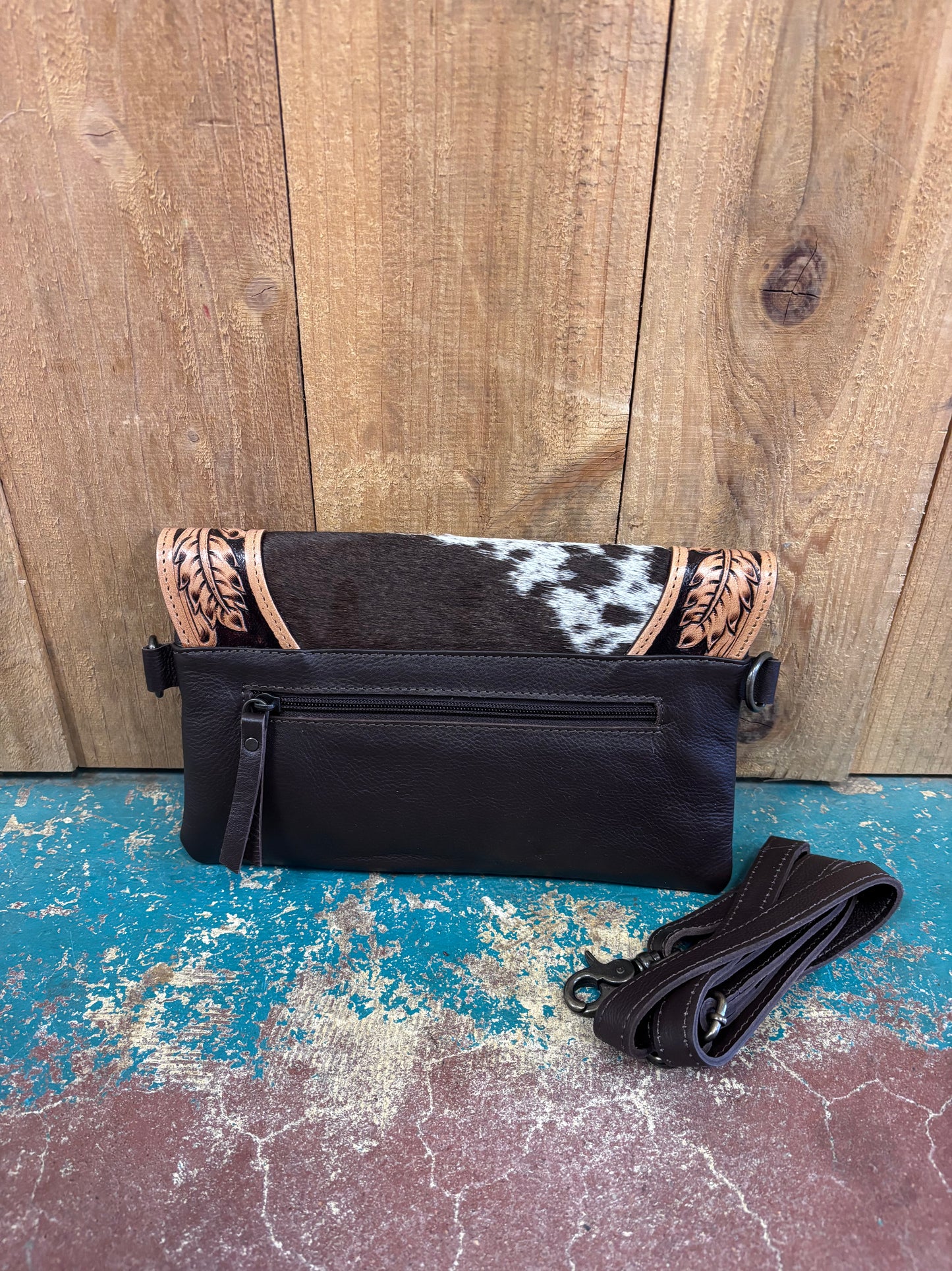 Brown and White Cowhide Tooled Leather Purse