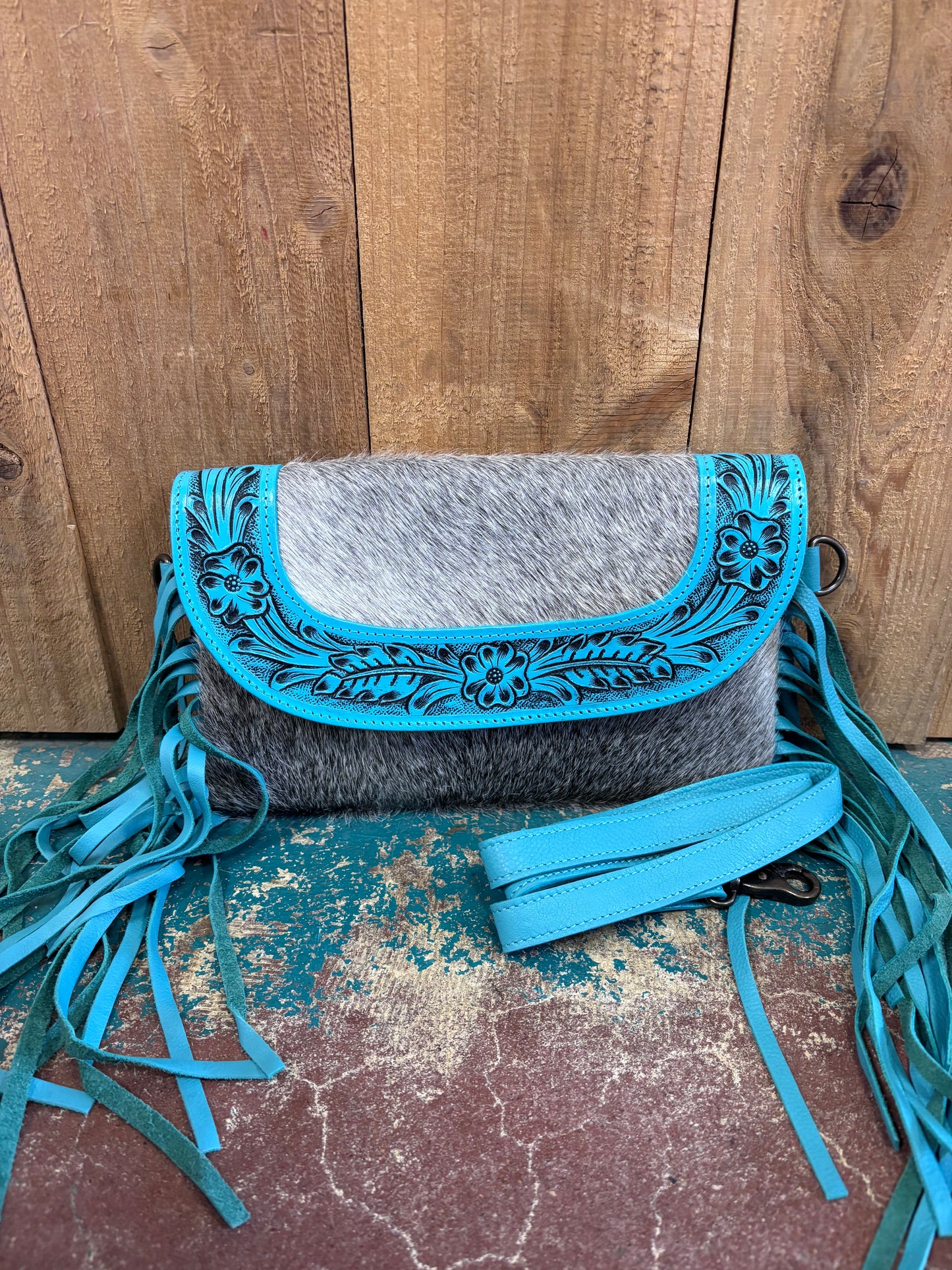 Grey Cowhide Turquoise Tooled Fringed Leather Purse