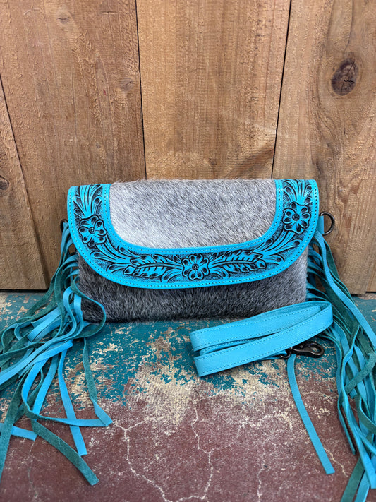 Grey Cowhide Turquoise Tooled Fringed Leather Purse