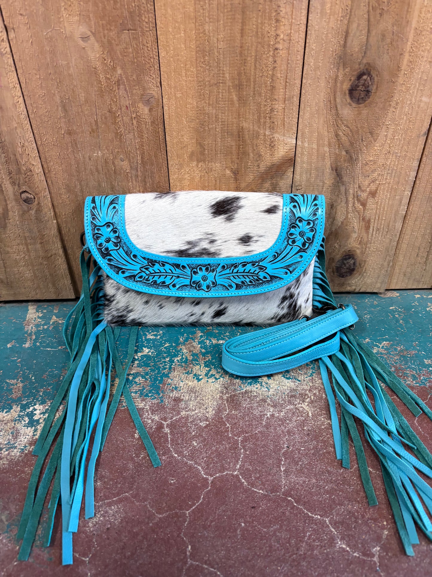 Black And White Cowhide Turquoise Tooled Fringed Leather Purse