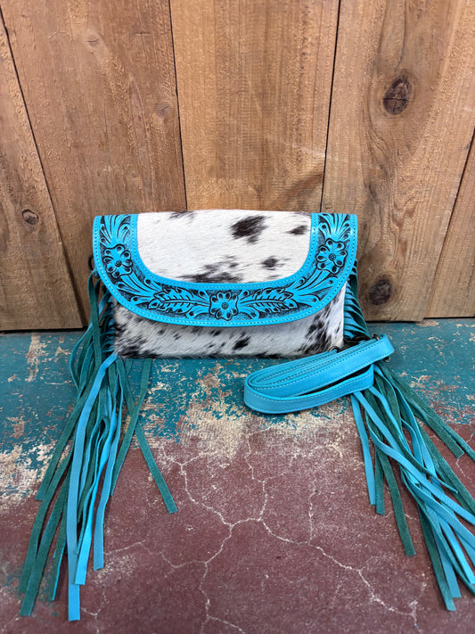 Black And White Cowhide Turquoise Tooled Fringed Leather Purse