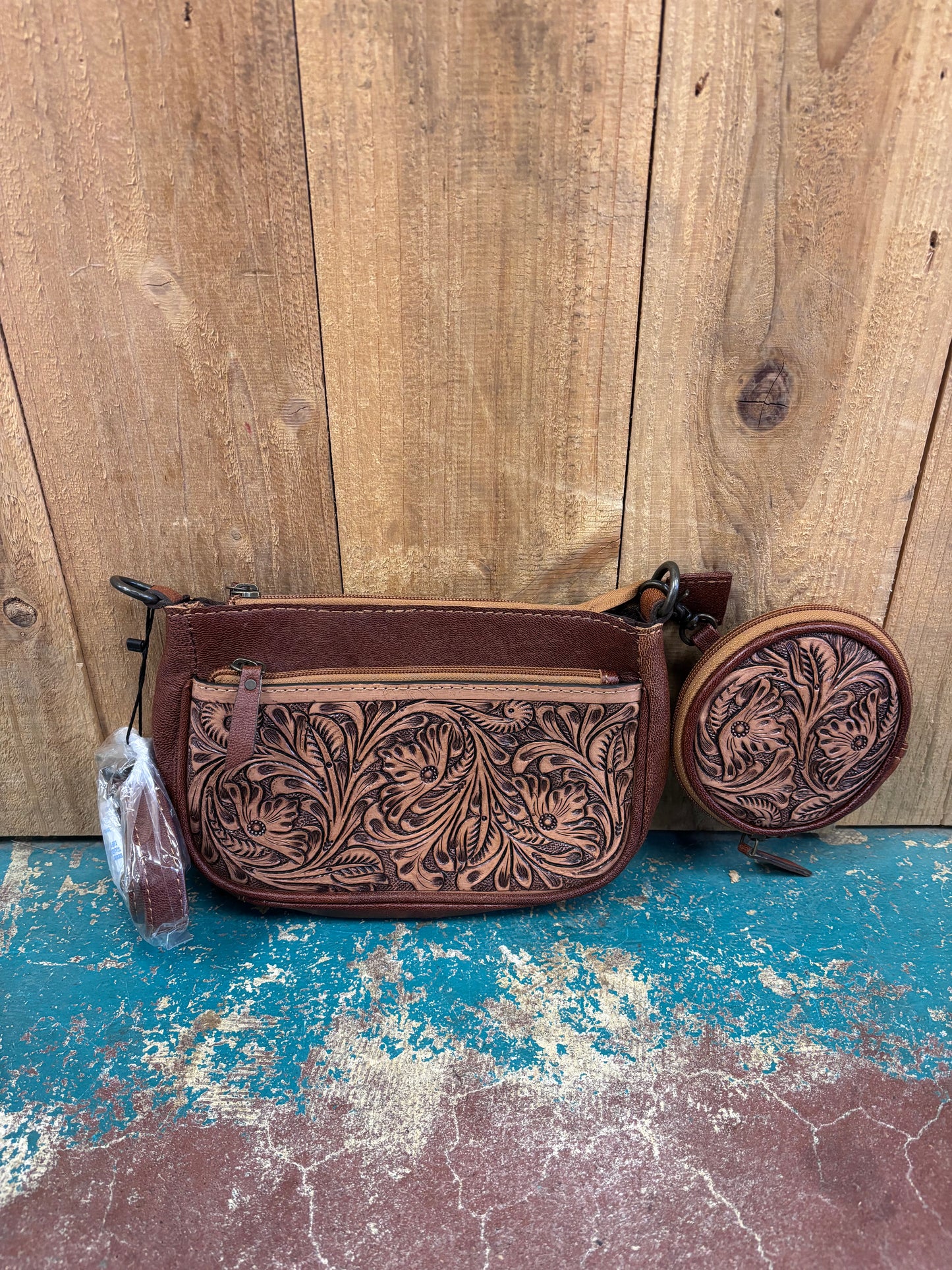 Brown Flower Tooled Leather Crossbody Purse