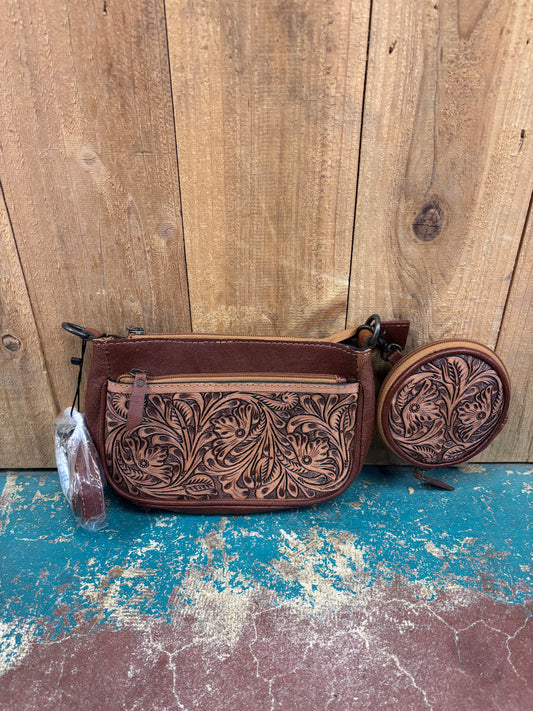Brown Flower Tooled Leather Crossbody Purse