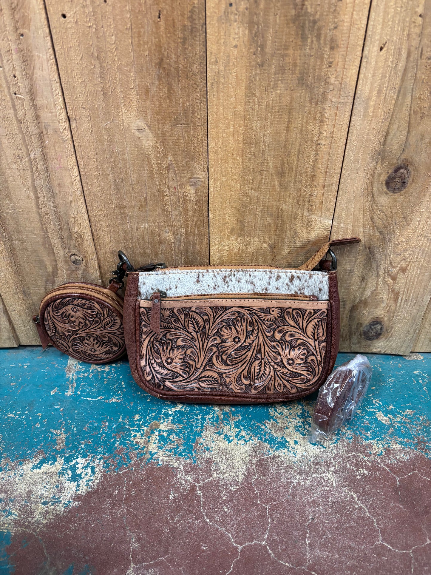 Brown Flower Tooled Cowhide Leather Crossbody Purse