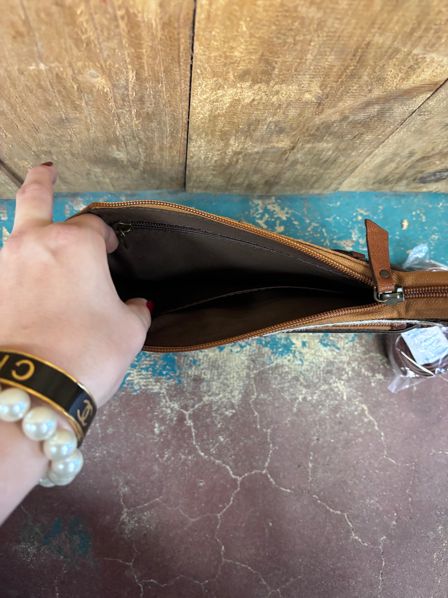 Brown Flower Tooled Cowhide Leather Crossbody Purse