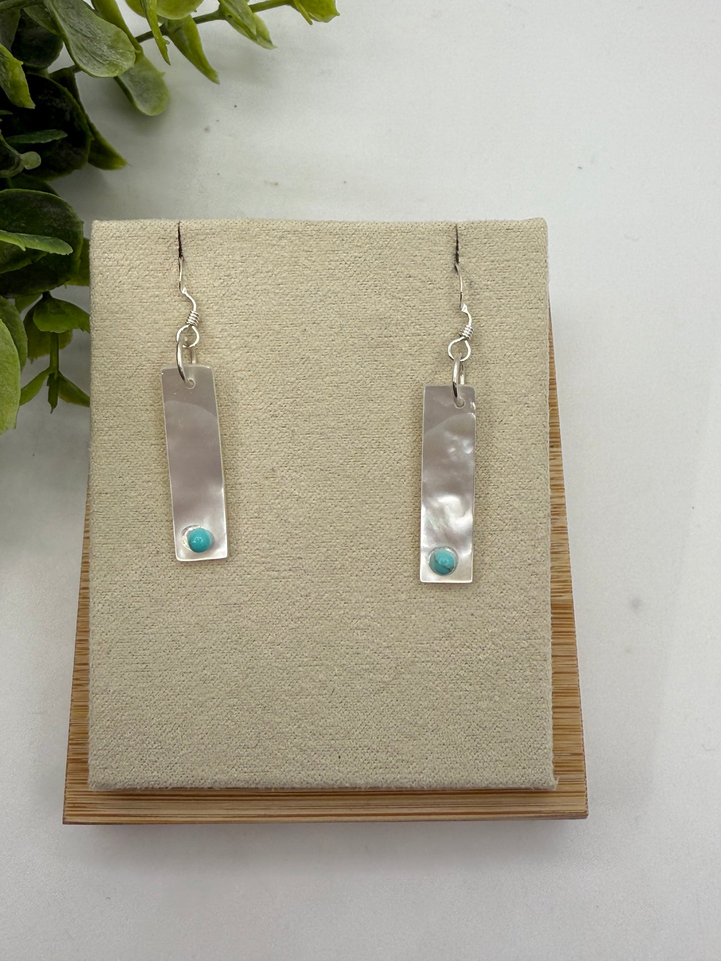 Mother of Pearl with Turquoise Dangle Earrings by Jesus Espino, Zuni