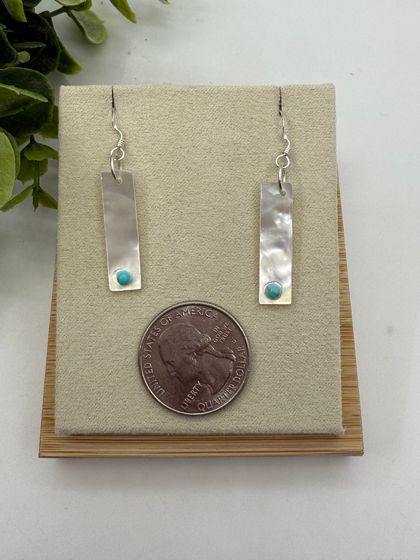 Mother of Pearl with Turquoise Dangle Earrings by Jesus Espino, Zuni