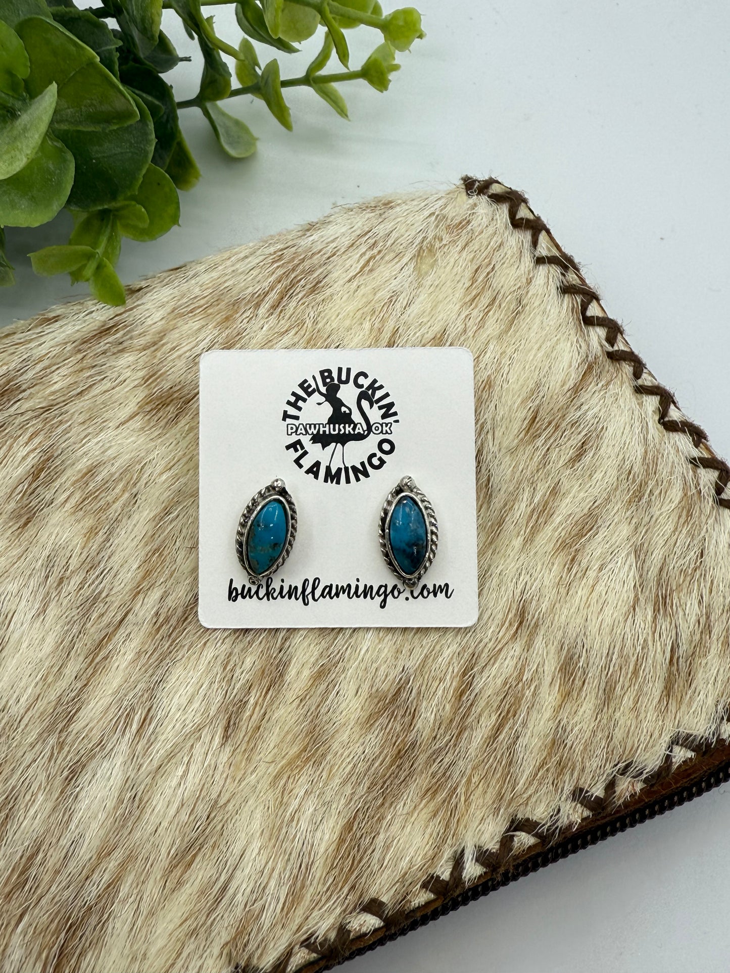 Turquoise "Cat Eye" Shape Post Earrings by Bucky Belin, Navajo