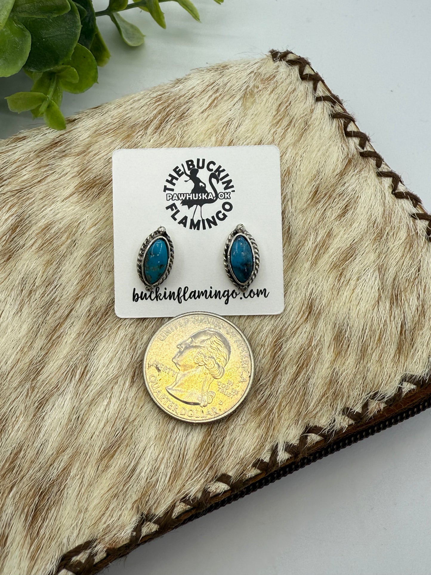 Turquoise "Cat Eye" Shape Post Earrings by Bucky Belin, Navajo
