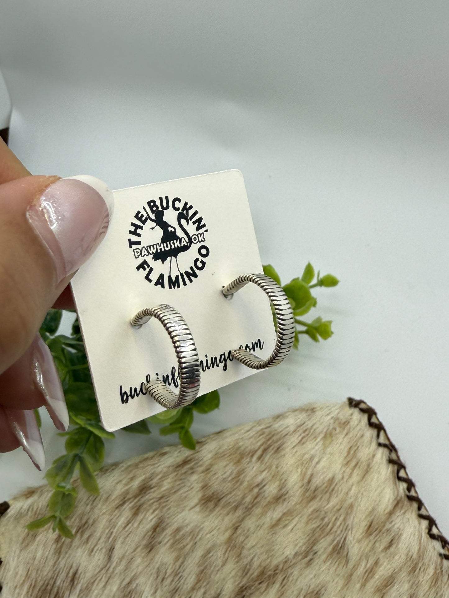 Small Silver Ribbed Hoops by Elaine Tahe, Navajo