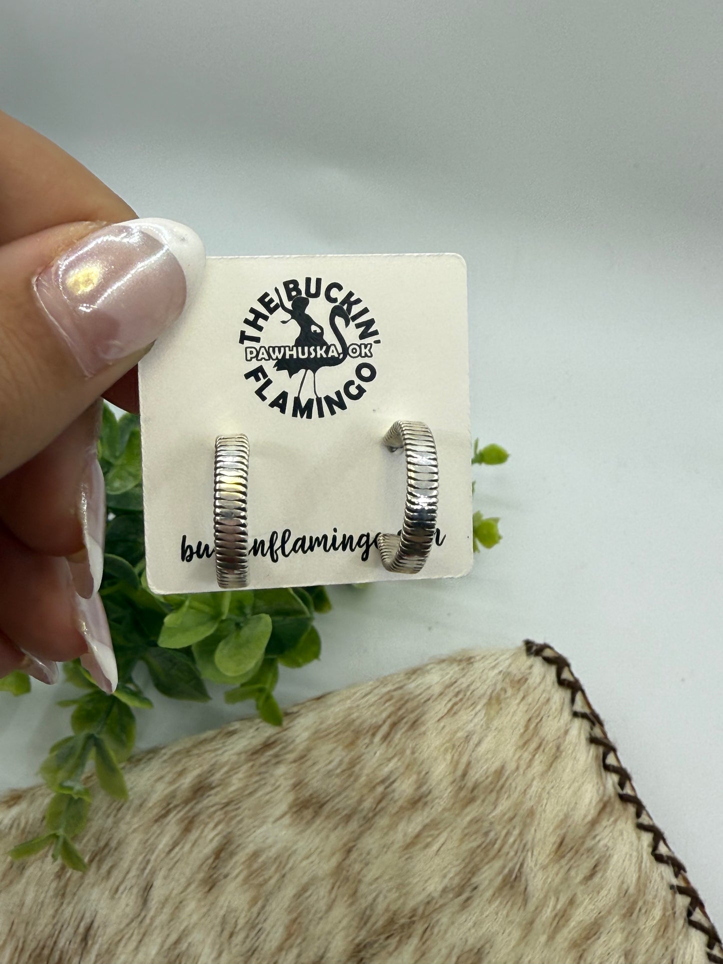 Small Silver Ribbed Hoops by Elaine Tahe, Navajo