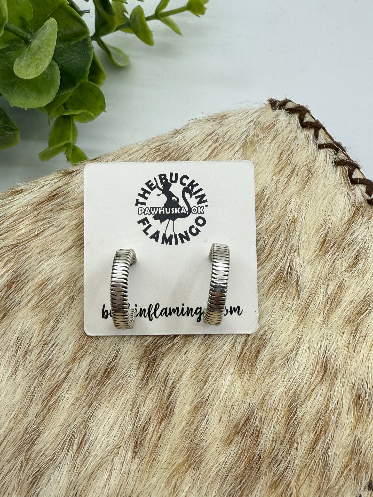 Small Silver Ribbed Hoops by Elaine Tahe, Navajo
