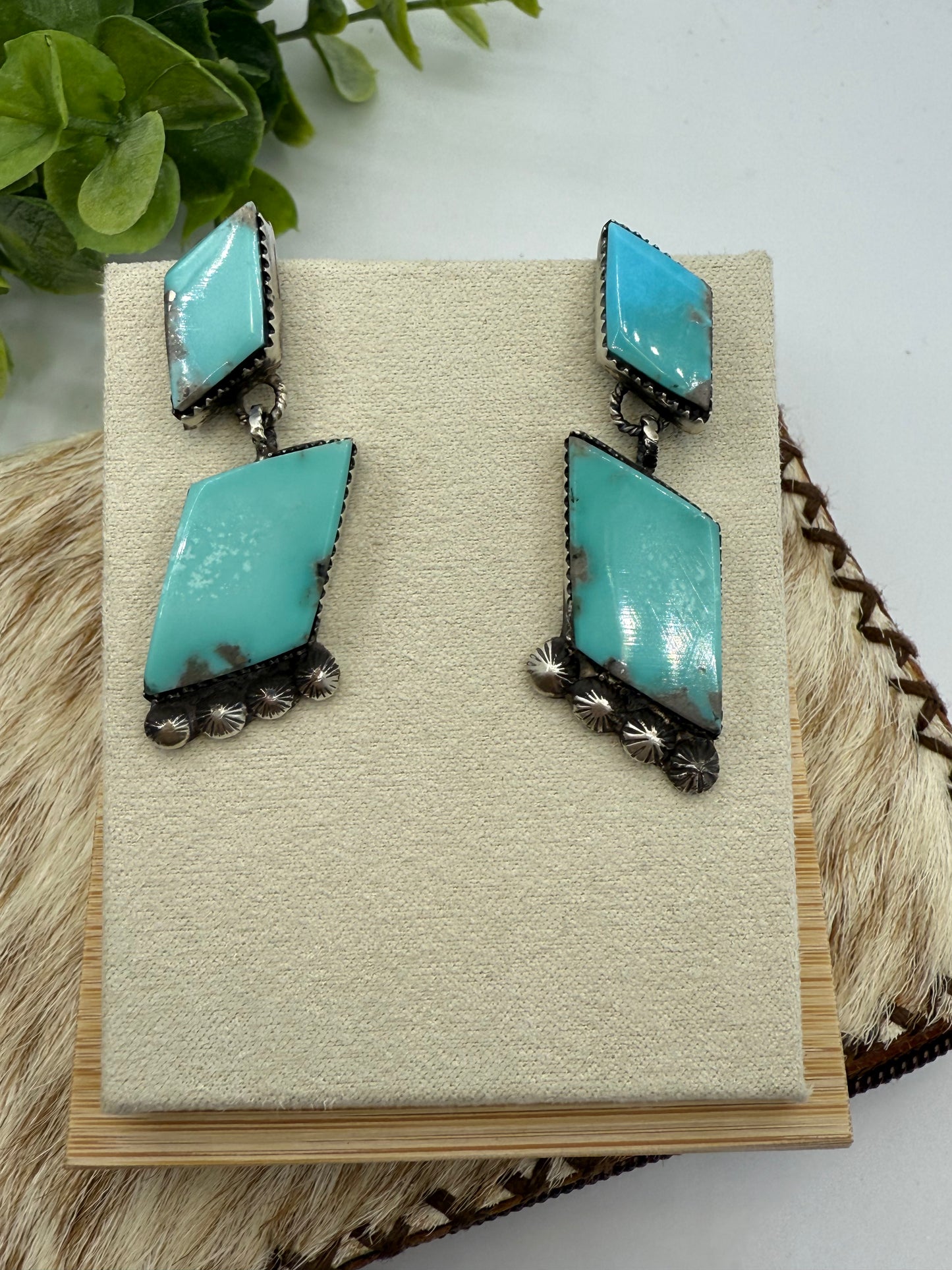Turquoise 2 Stone Dangle Earrings by Selina Warner, Navajo