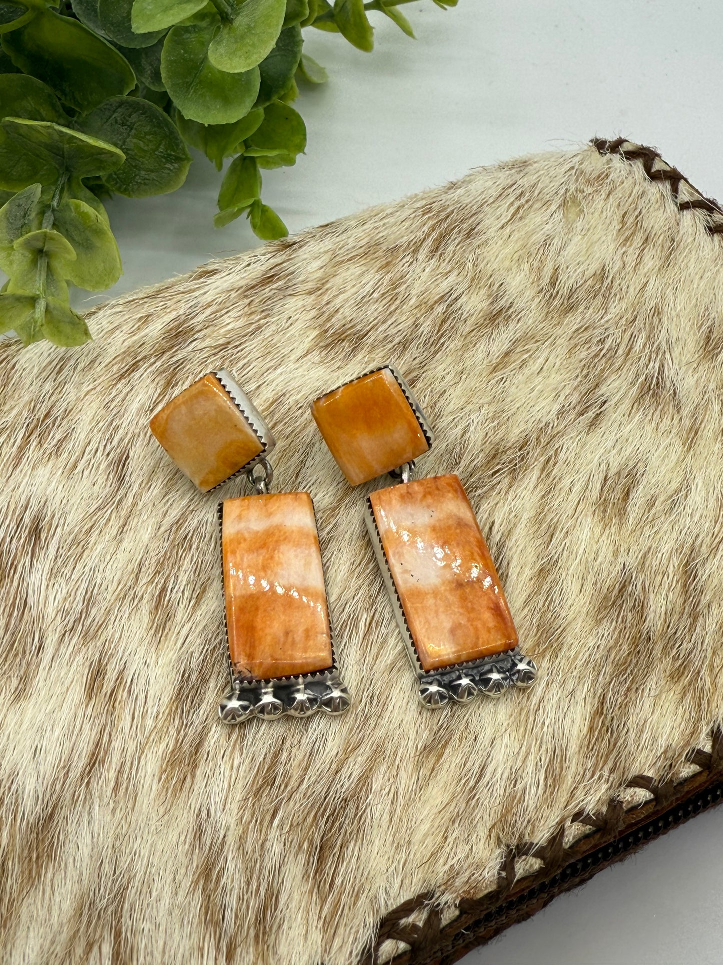 Orange Spiny Oyster 2 Stone Dangle Earrings by Selina Warner, Navajo