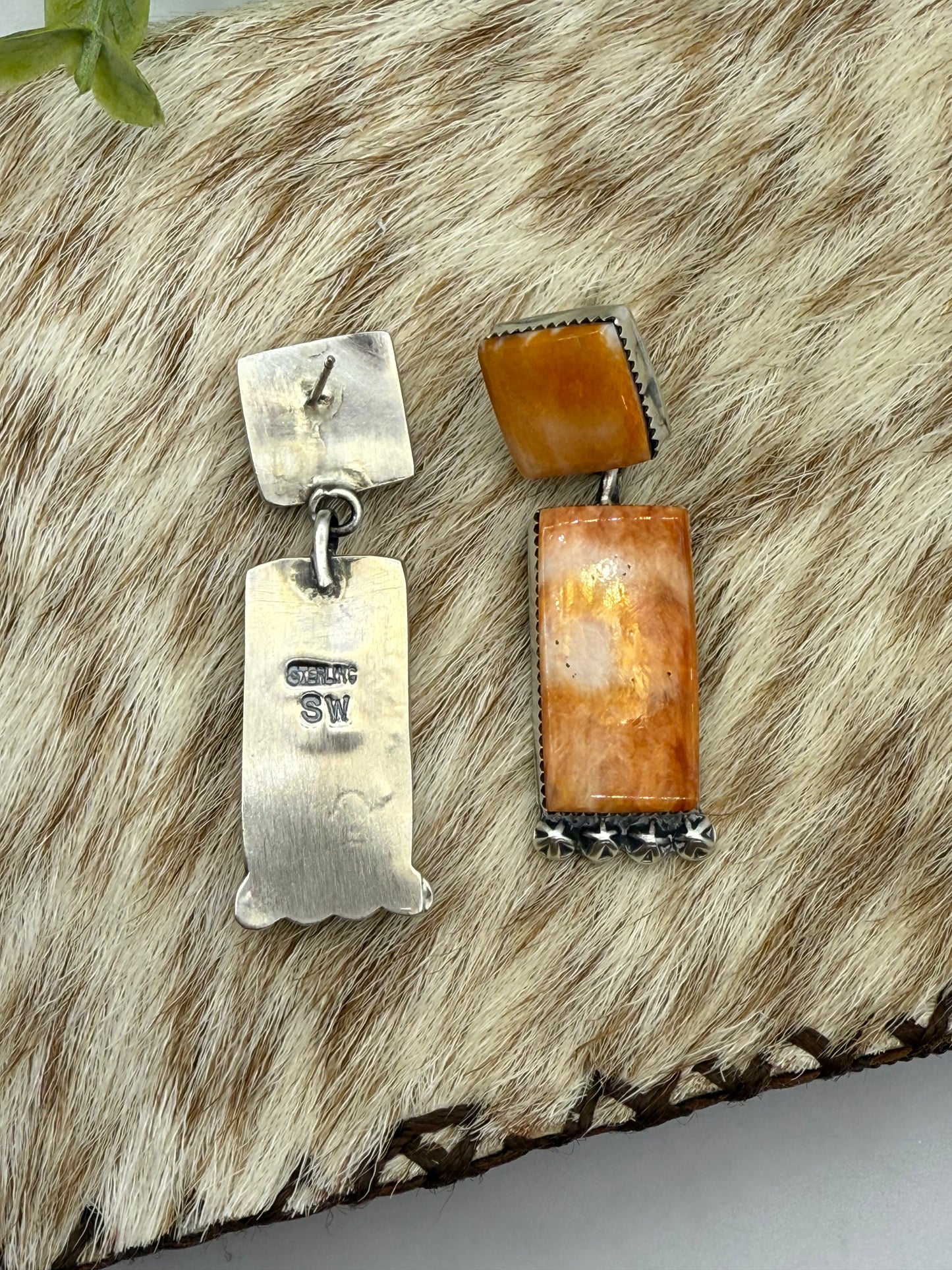Orange Spiny Oyster 2 Stone Dangle Earrings by Selina Warner, Navajo