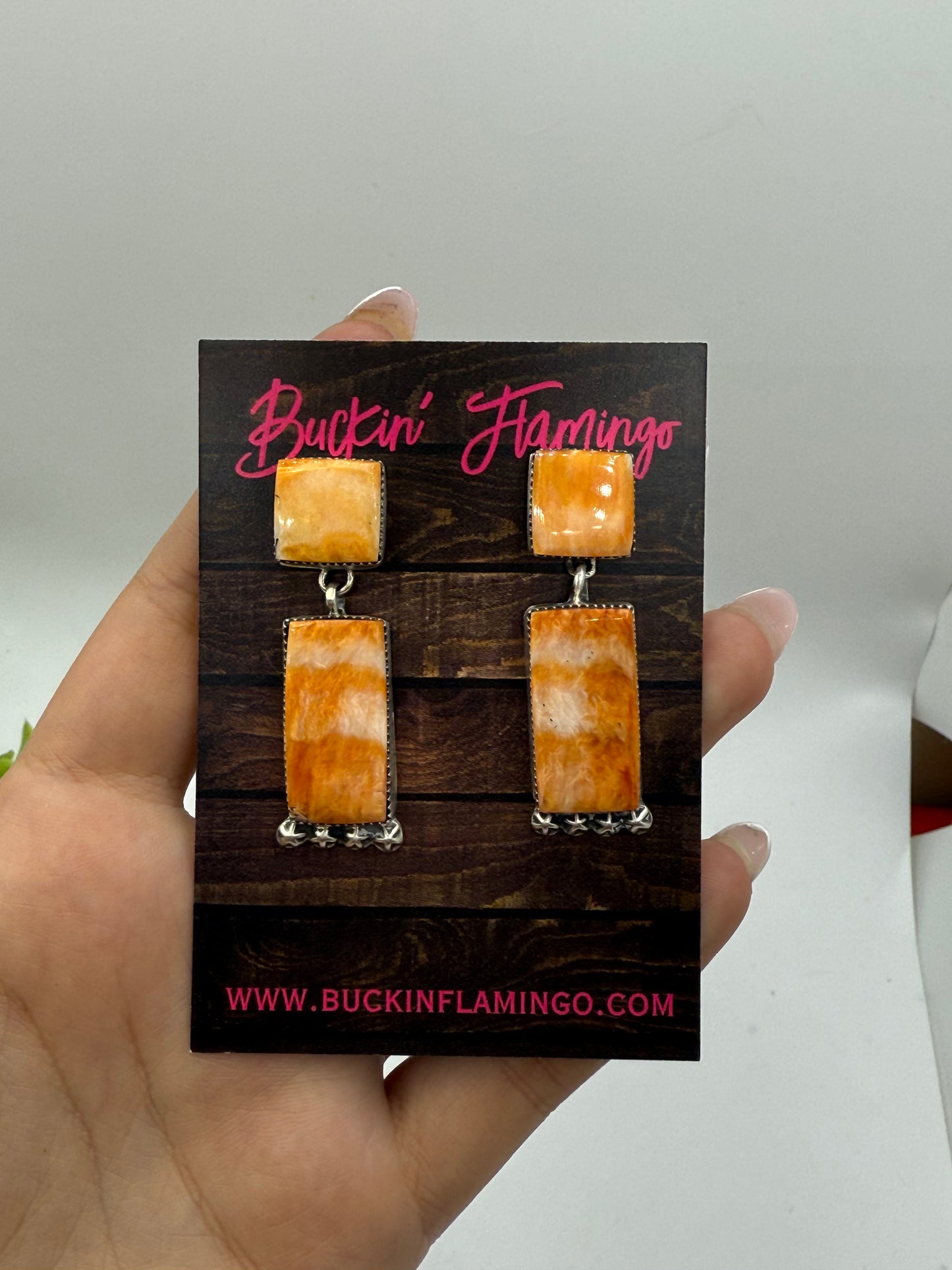 Orange Spiny Oyster 2 Stone Dangle Earrings by Selina Warner, Navajo