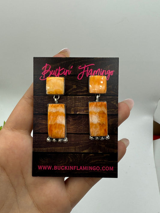 Orange Spiny Oyster 2 Stone Dangle Earrings by Selina Warner, Navajo