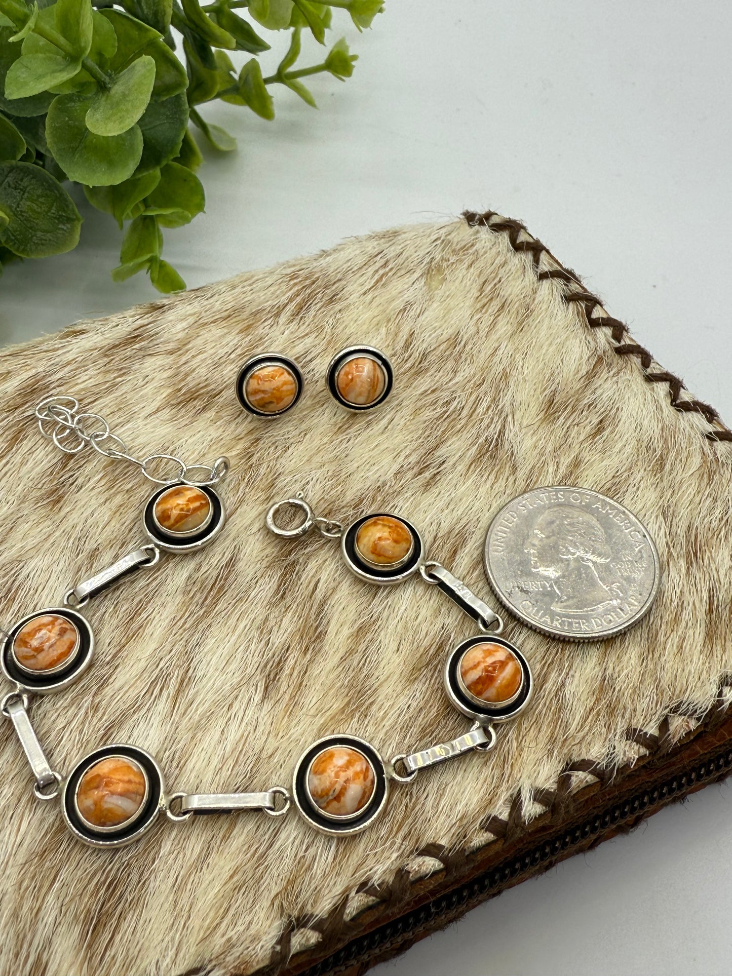 Orange Spiny Oyster Link Bracelet & Earring Set by Martin Perry, Navajo