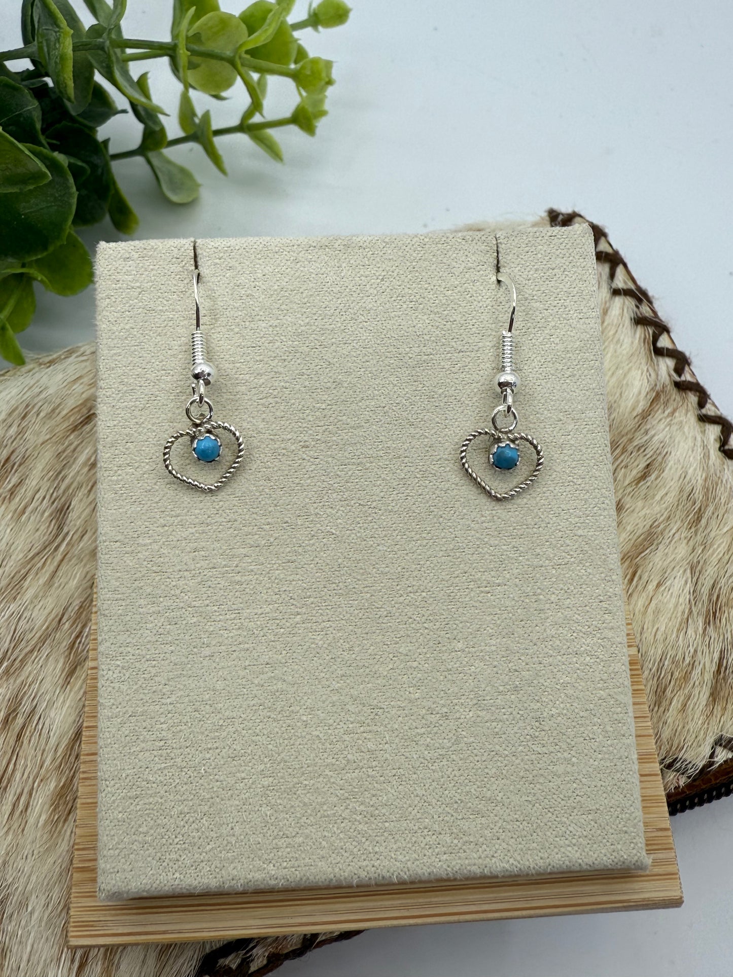 Turquoise Dainty Heart Dangle Earrings by Shantal Bitsie, Navajo