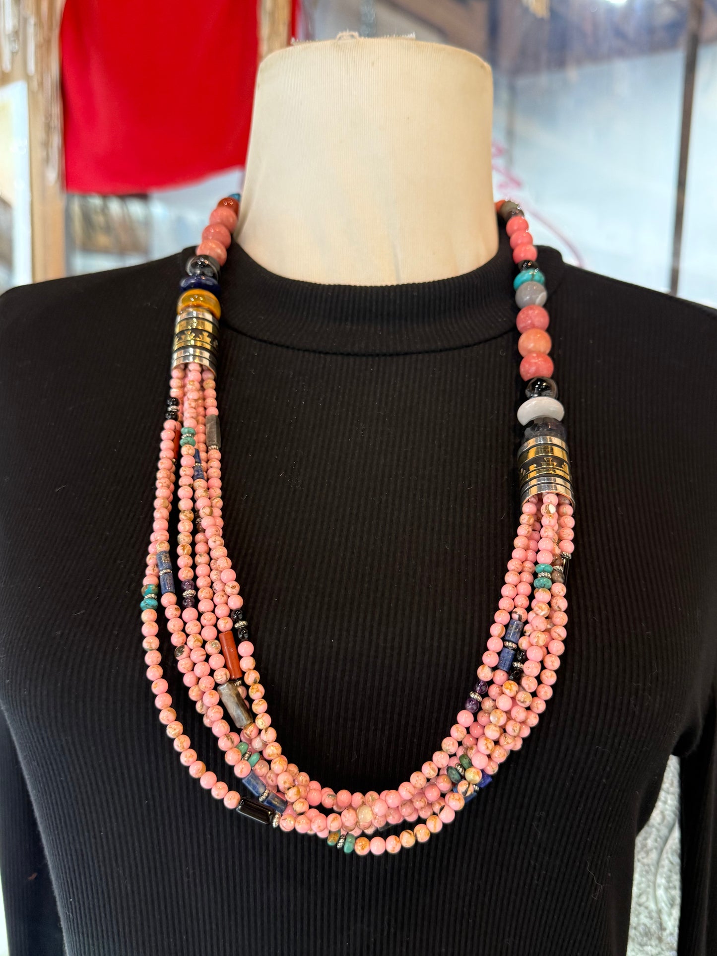 30" Rhodonite & Multi Stone Necklace with Brass Ovelay Barrel Beads by Tommy & Rose Singer, Navajo