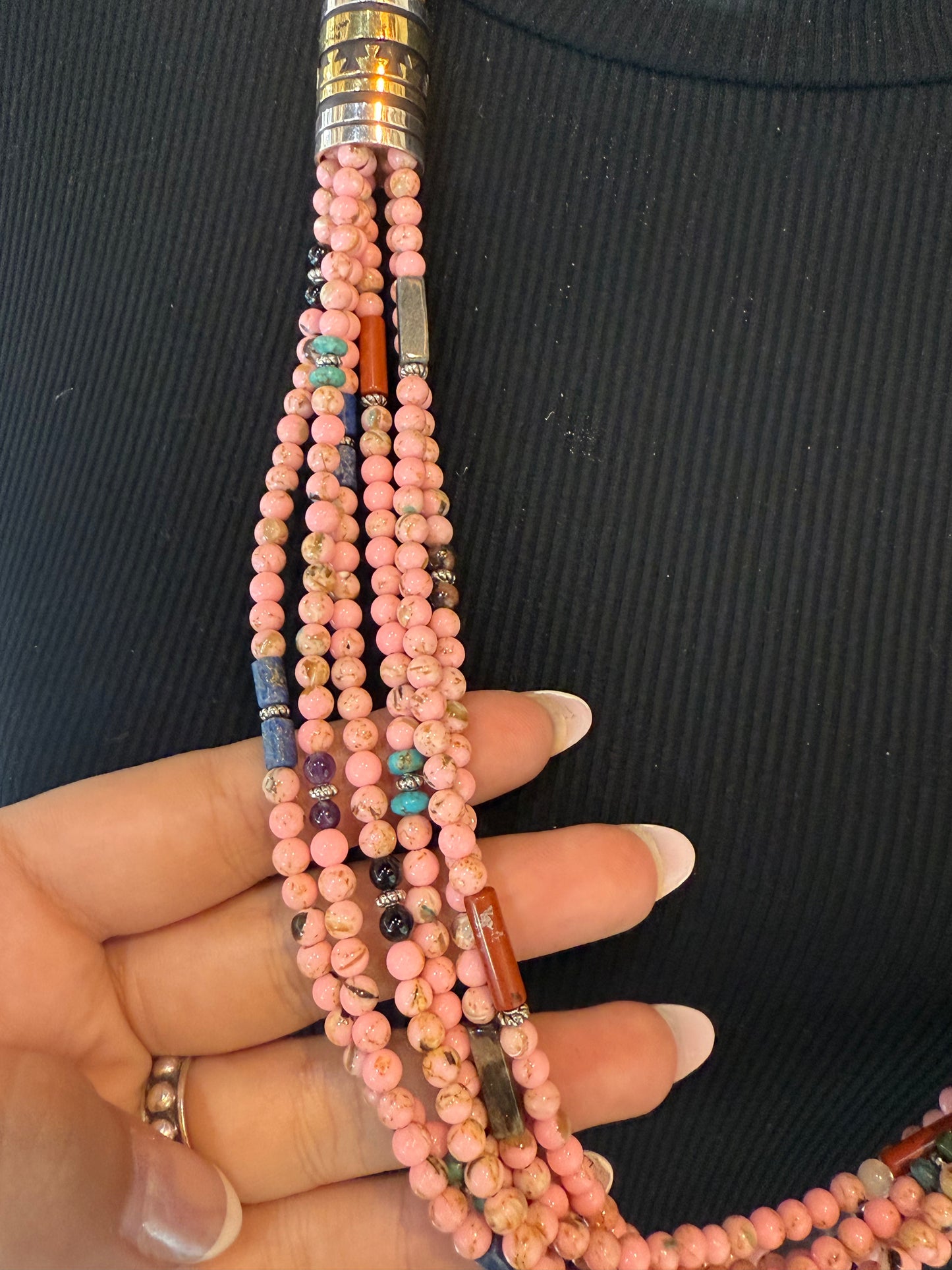 30" Rhodonite & Multi Stone Necklace with Brass Ovelay Barrel Beads by Tommy & Rose Singer, Navajo