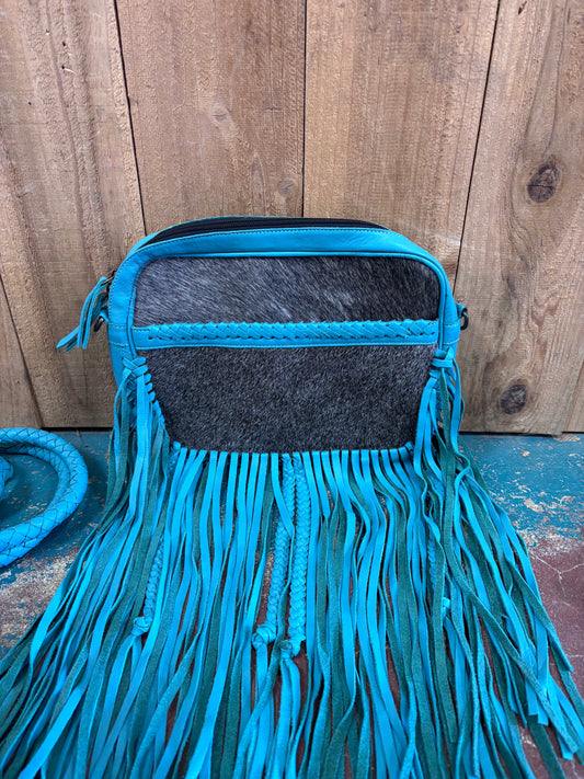 Grey Cowhide Turquoise Fringed Leather Purse