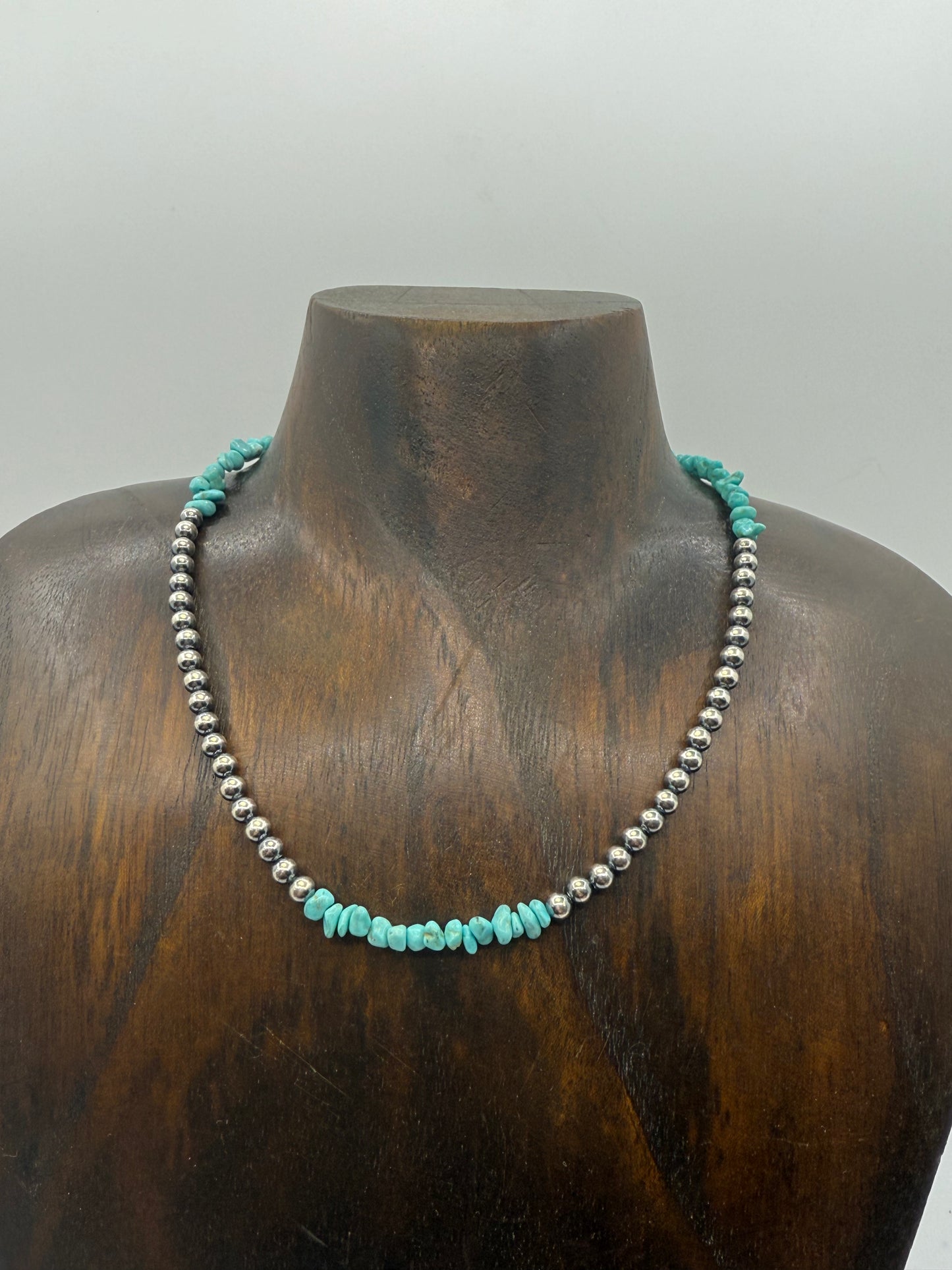 14" Necklace with 4mm Navajo Style Pearls with Chunky Turquoise