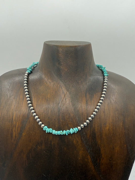 14" Necklace with 4mm Navajo Style Pearls with Chunky Turquoise