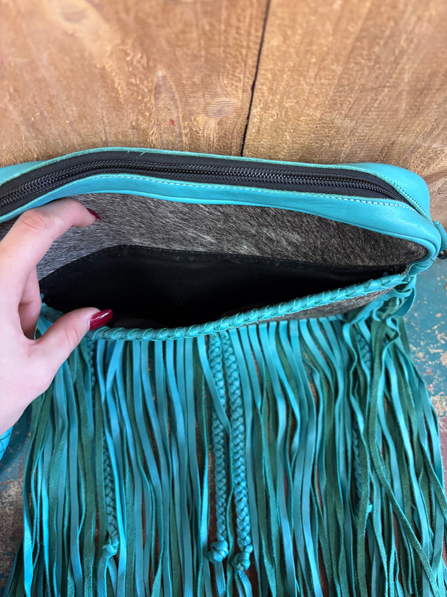 Grey Cowhide Turquoise Fringed Leather Purse
