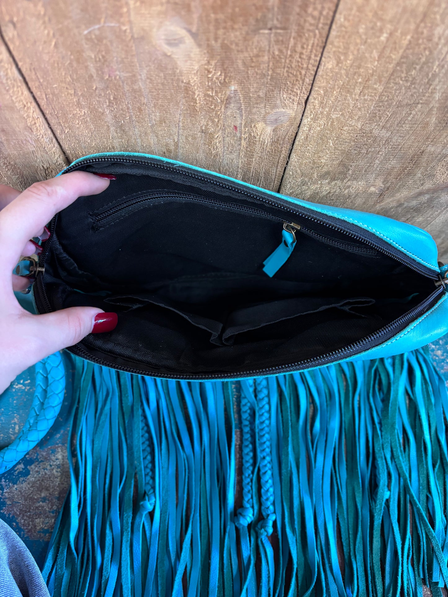 Grey Cowhide Turquoise Fringed Leather Purse