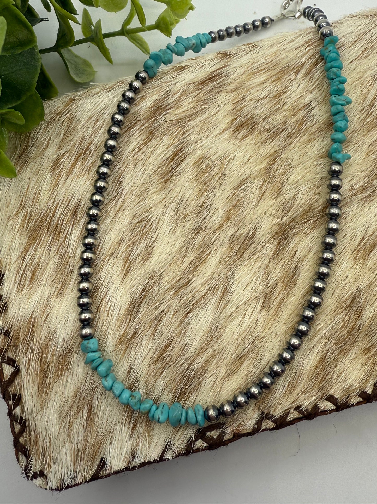 14" Necklace with 4mm Navajo Style Pearls with Chunky Turquoise