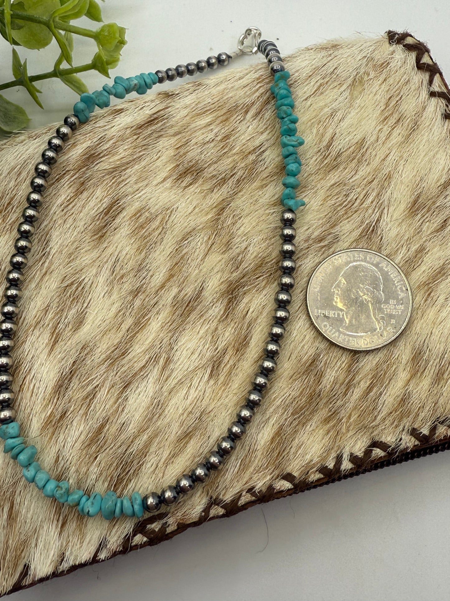 14" Necklace with 4mm Navajo Style Pearls with Chunky Turquoise