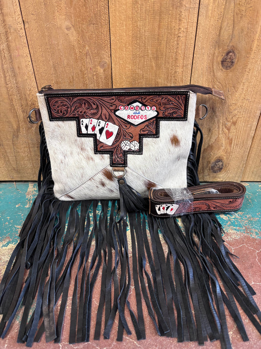 White And Brown Cowhide Aces Tooled Fringed Leather Purse