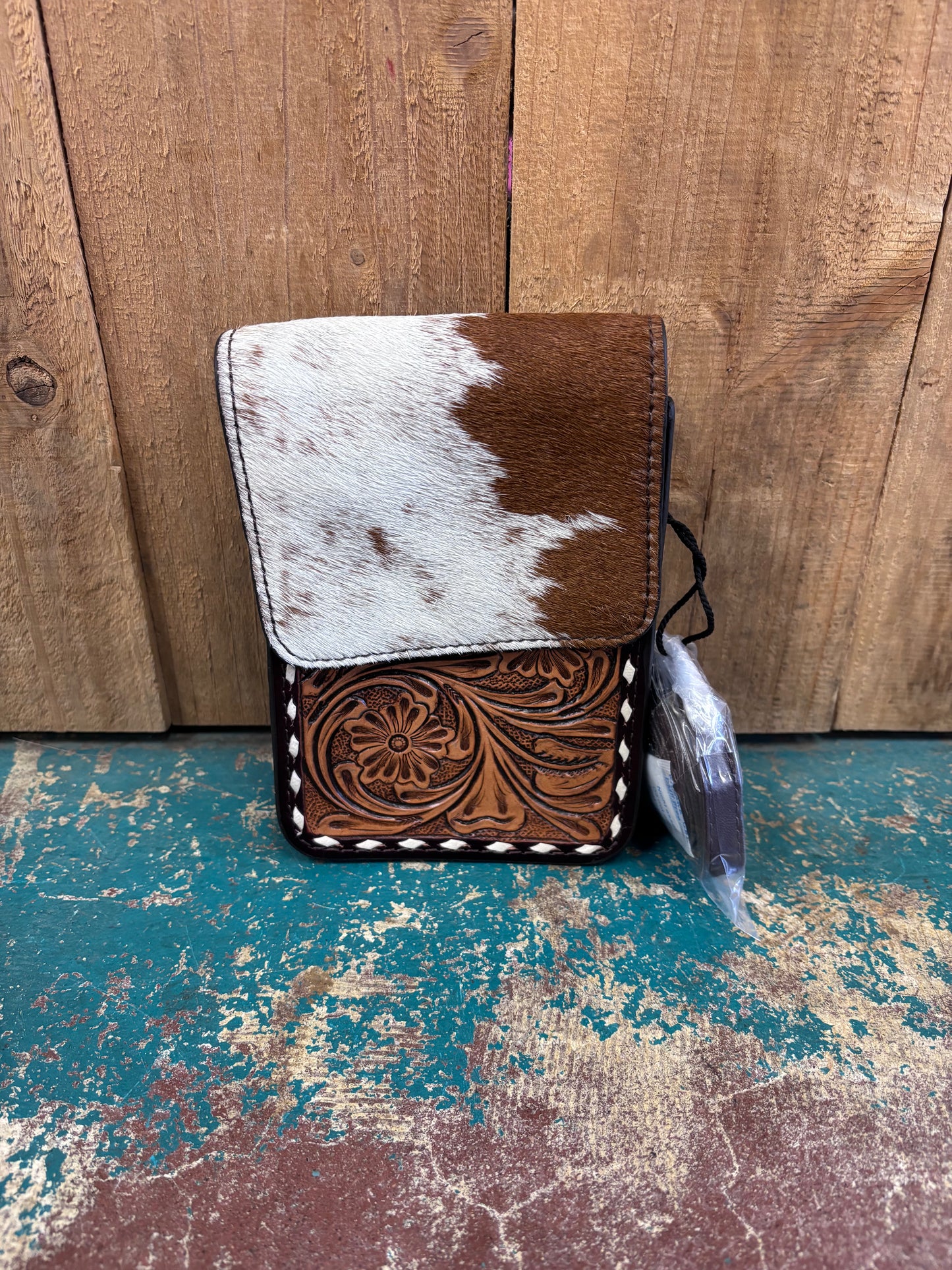 Mini Rectangular Cowhide Flower Tooled Leather Purse