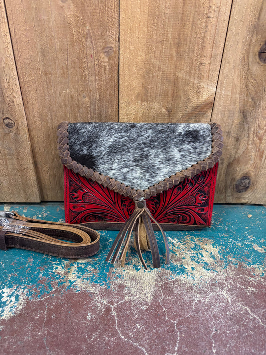 Rectangular Cowhide Red Flower Tooled Leather Purse
