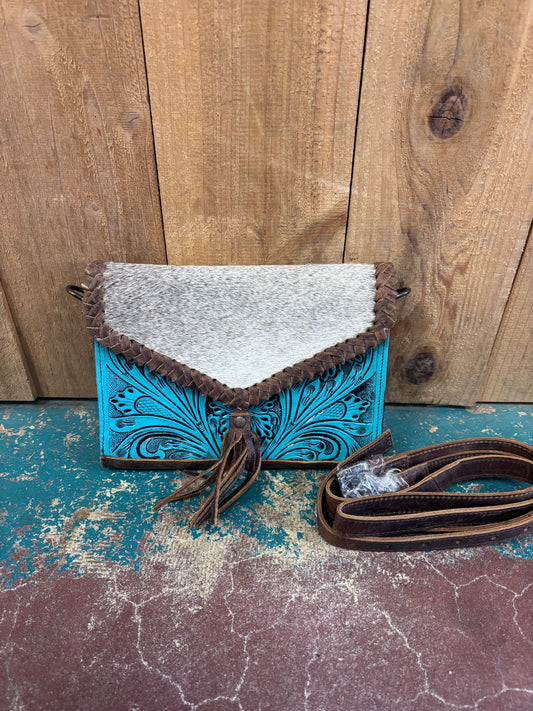 Rectangular Cowhide Turquoise Flower Tooled Leather Purse