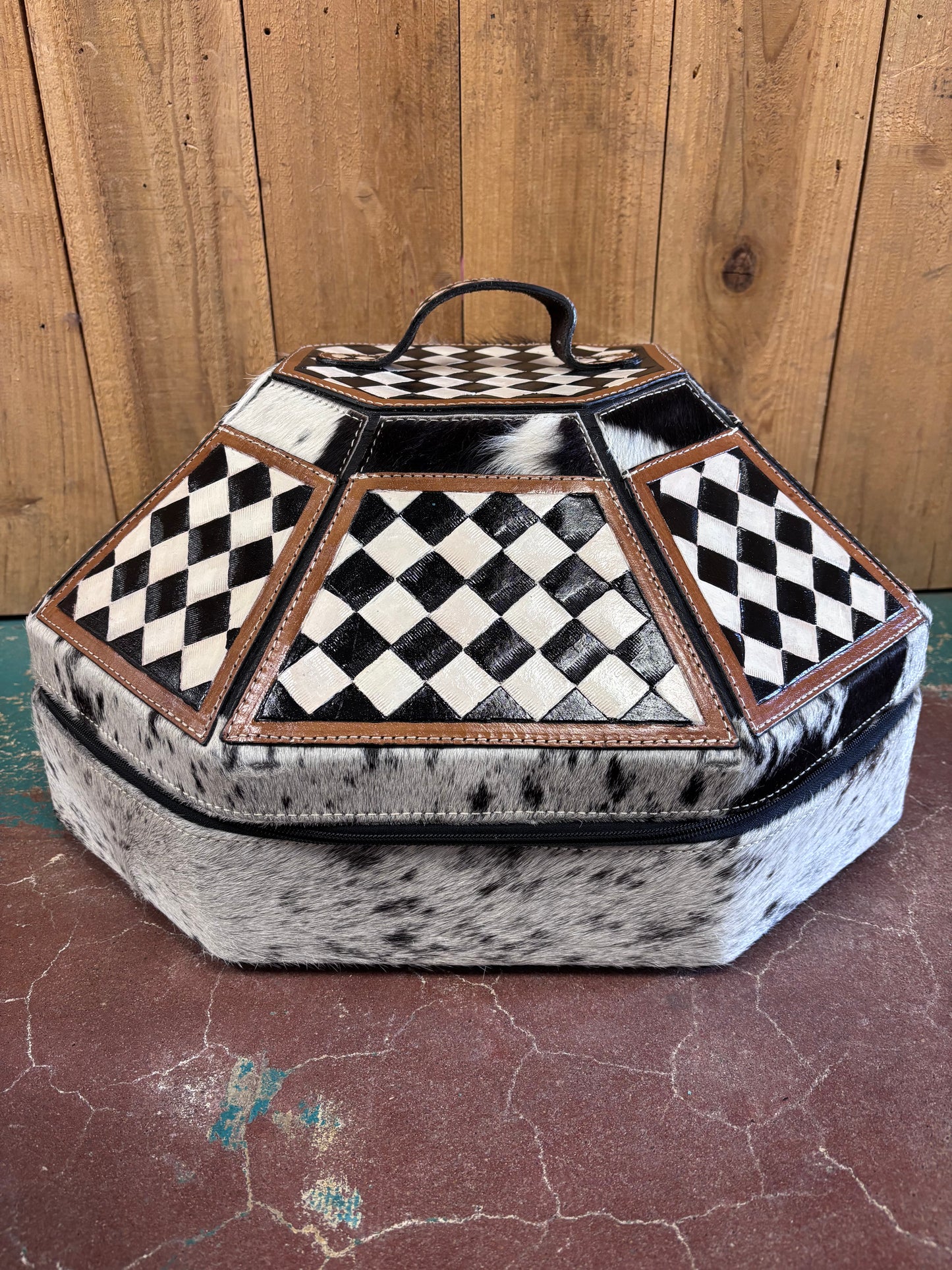 Black and White Checkered Cowhide Cowboy Hat Box