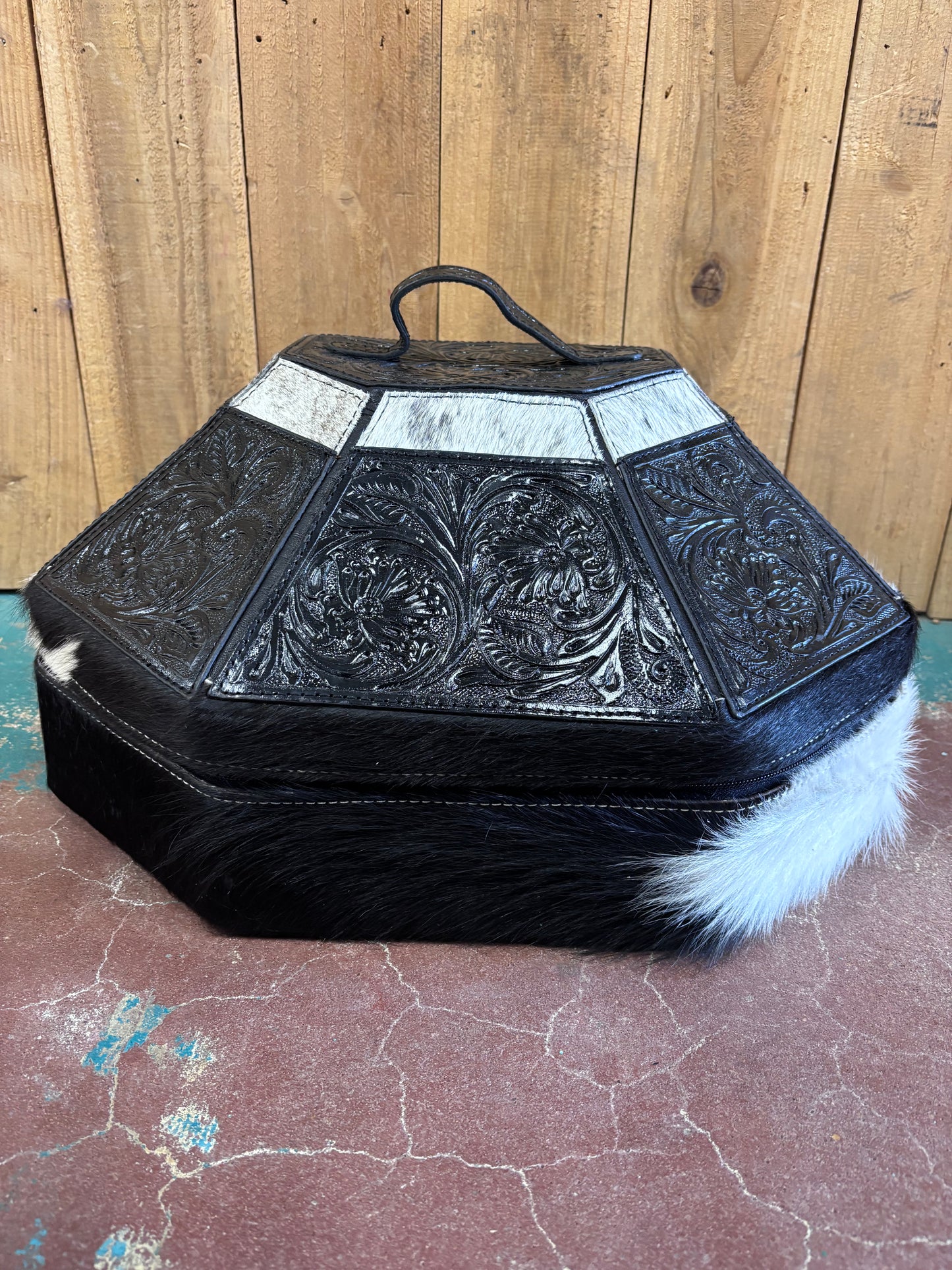 Black Flower Tooled Cowhide Cowboy Hat Box