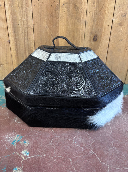 Black Flower Tooled Cowhide Cowboy Hat Box