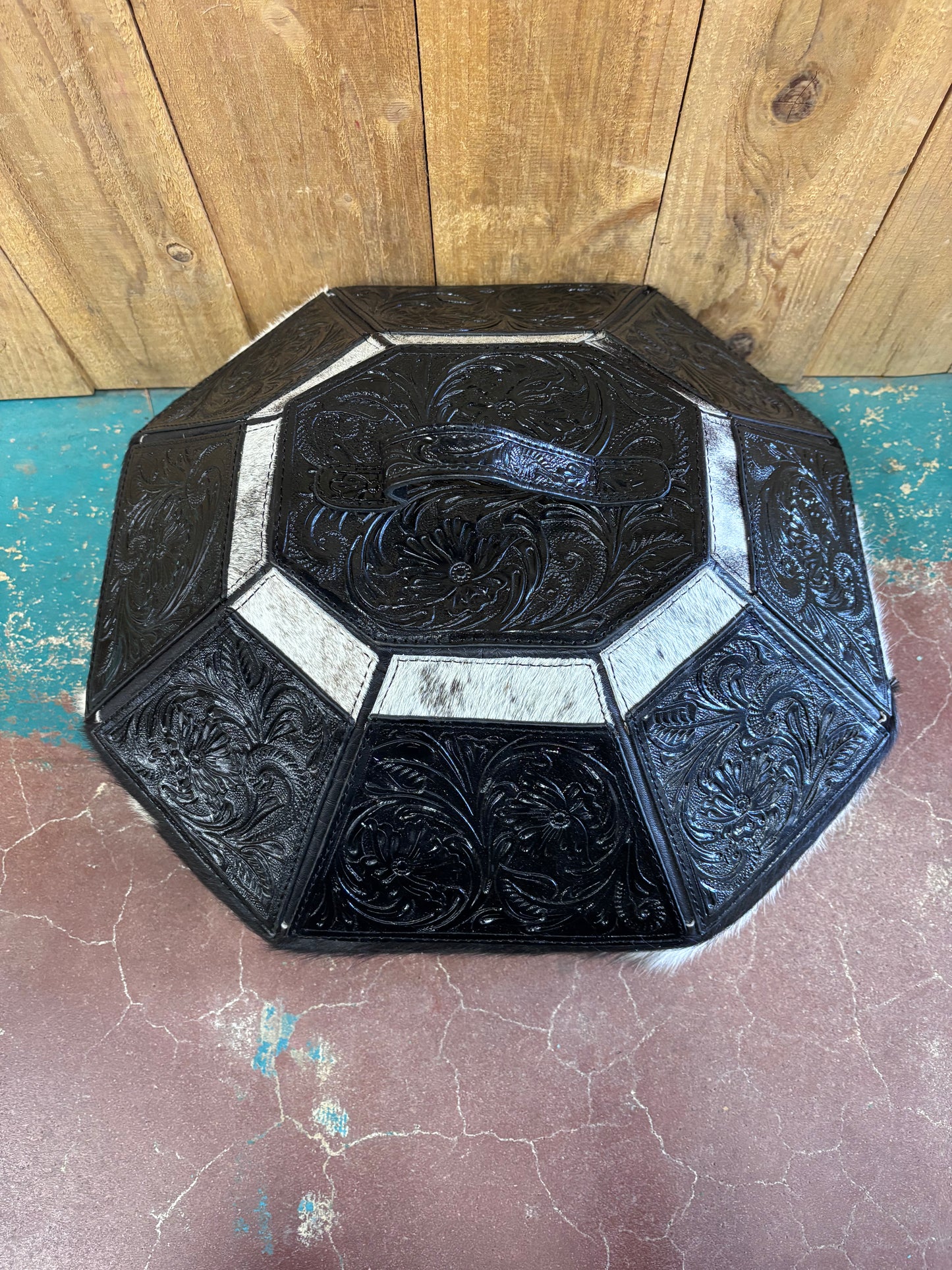 Black Flower Tooled Cowhide Cowboy Hat Box