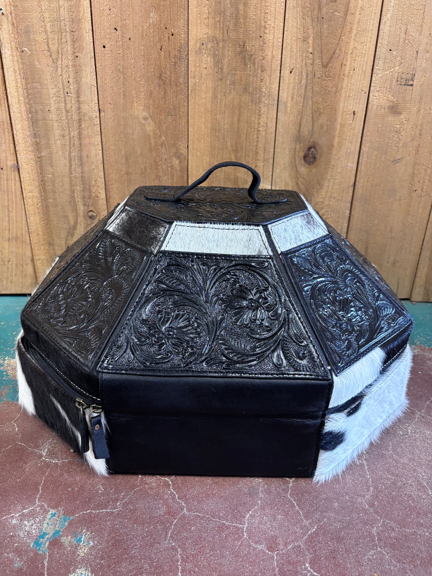 Black Flower Tooled Cowhide Cowboy Hat Box